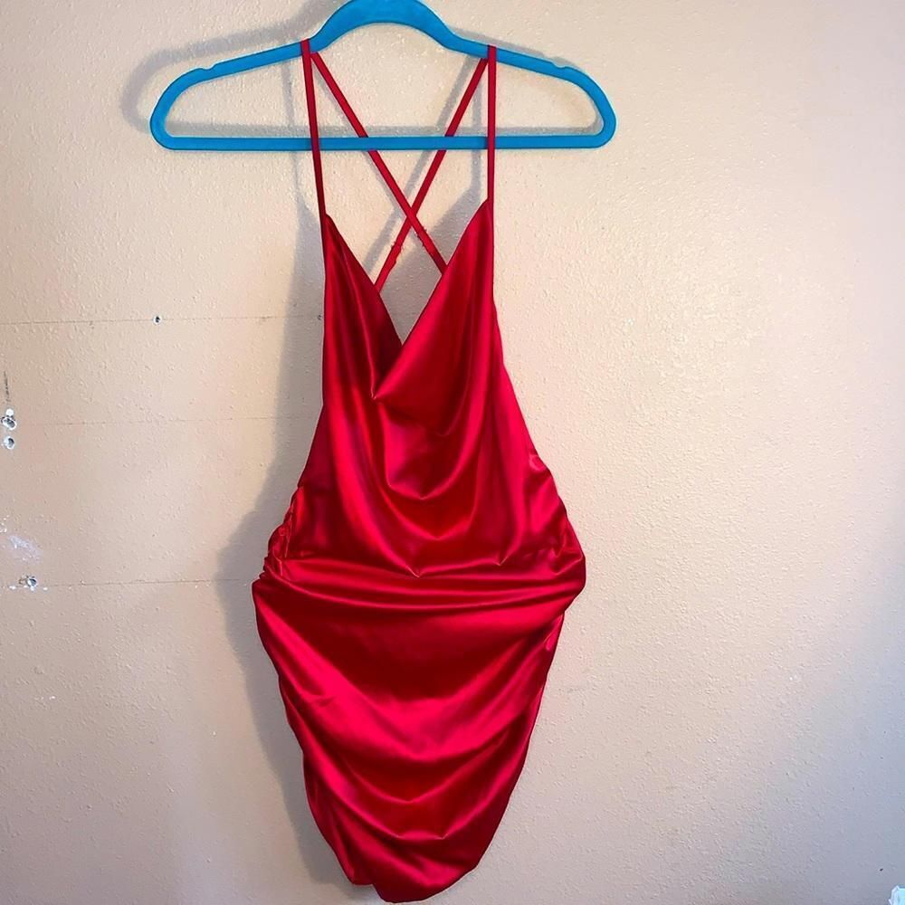 Red Cowl Neck Satin Mini Dress Ruching Adjustable Straps